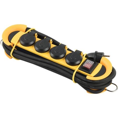 Perel Outdoor-Steckdosenleiste IP44 wasserdicht mit 4 Schuko-Steckdosen und Klappdeckeln, 3 m Neopren-Verlängerungskabel, 3500 W kindersichere Stromverteilerleiste für Garten, Terrasse und Werkstatt