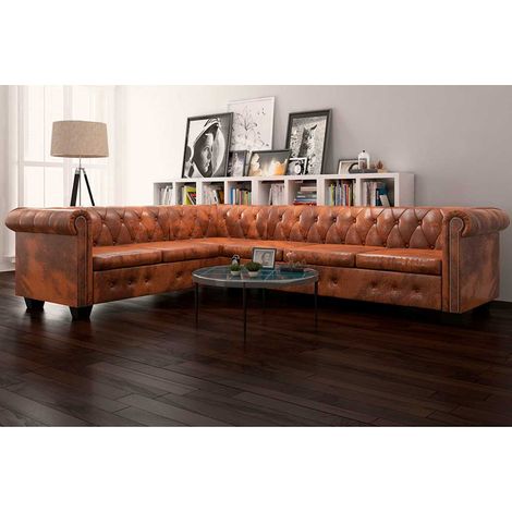 vidaXL Divano Angolare Chesterfield 6 Posti in Pelle Sintetica Marrone (1/5)