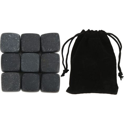 Galets de whisky en basalte 9 pièces réutilisables avec sac de rangement pour whisky, cognac, vin et boissons - lot de glaçons pour refroidir sans dilution, idéal pour cadeau (1/5)
