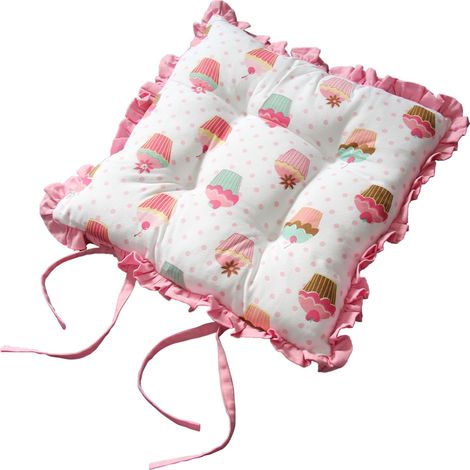 HOMESCAPES Reversible Pink Frilled Cushion Seat Pad with Ties Cup Cakes