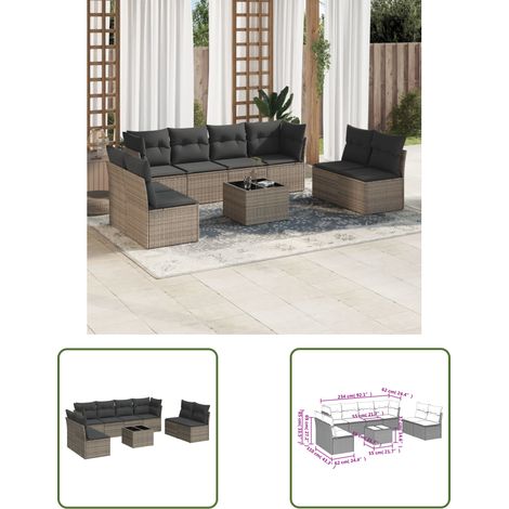 The Living Store 9-tlg. Garten-Sofagarnitur mit Kissen Grau Poly Rattan - Gartenmöbel - Outdoor Möbel - Rattan Sofa Set - Lounge Set - Esstisch (1/3)