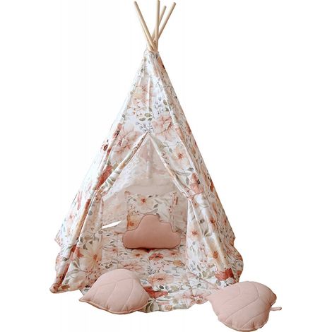 Tente tipi enfant flower power - Beige, rose, rouge, vert (1/5)