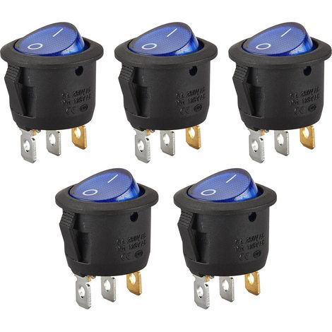 Heschen Lot de 5 interrupteurs à bascule ronds, marche/arrêt, SPST, 3 bornes, lumière bleue, 6 A 250 V AC (1/5)