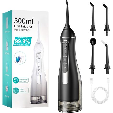 Hydropulseur dentaire électrique sans fil, portable, 4 modes et 4 buses, irrigateur oral de 300 ml, pour éliminer les restes alimentaires et nettoyer les dents, étanchéité IPX7 (1/5)