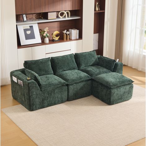 Divano modulare 3 posti con pouf, cuscini, portabicchieri e tasche laterali, verde scuro HAVRYA (1/5)