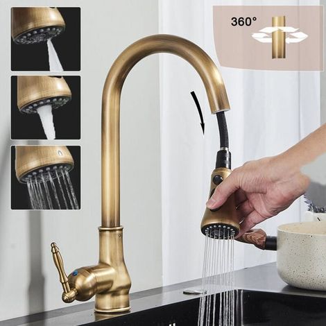 Mitigeur de Cuisine Rétro Evier Rabattable Fenêtre en Laiton Acier Inox 304 Robinet , Cuisine Douchette Extractible 3 Fonctions (SKU produit : 95331133 SKU Offre : 25319SLT25) (1/4)