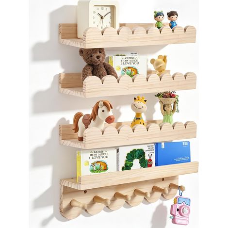 Lot de 4 Étagère Murale Enfant, 40 cm Bibliothèque Murale en Bois avec Crochets, Étagère Flottante Montessori pour Chambre Enfant, Salon, Chambre à Coucher – Idéal pour Livres et Cadres Photo (1/5)