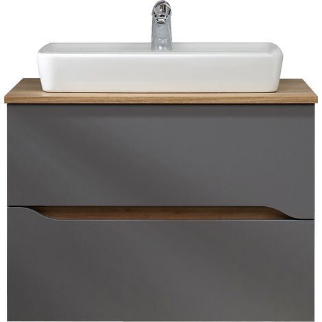 Badezimmer Waschtisch mit Keramik Aufsatzwaschbecken QENA-66 in Quarzgrau Matt Touch mit Riviera Eiche quer Nb., B/H/T ca. 73/62,1/45 cm (1/5)