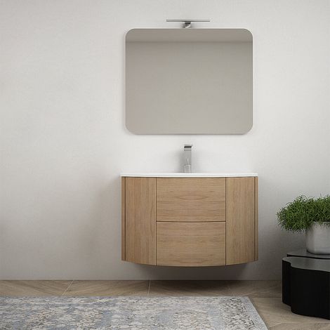 Mobile bagno sospeso Rovere tabacco 90 cm tondo  con specchio filo lucido (1/5)