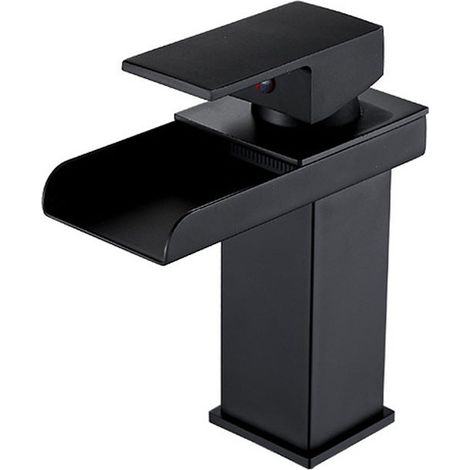 Robinet salle bain noir en laiton moderne, mitigeur cascade avec bec 200mm eau chaude froide (1/5)