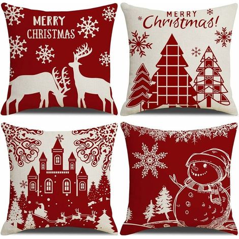 Housse de Coussin Noel 45x45cm, Lot de 4 Noël Décoratif Canapé en Coton et Lin Noël pour Canapé Lit Chambre Chaise Jardin-Décoration Noël Rouge (1/5)