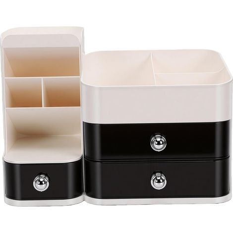 Makeup Organizer with Brush Holder, 3 Drawers and 3 Large Compartments, Desktop Storage Box for Vanity or Bathroom (WHITE) (1/5)