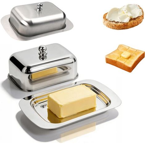 Lot de 2 beurriers - Beurrier avec couvercle - Beurrier en acier inoxydable - Compatible lave-vaisselle - 18,5 x 12,2 x 6 cm - Ustensiles de cuisine - pour beurre et fromage - Argenté (1/5)