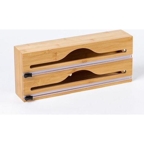 Distributeur de Film Alimentaire en Bambou, 2 Rouleaux, Tiroir, Coupe-Film de Cuisine, Porte-Feuille, Dimensions 14x33x7 cm, Naturel (1/5)