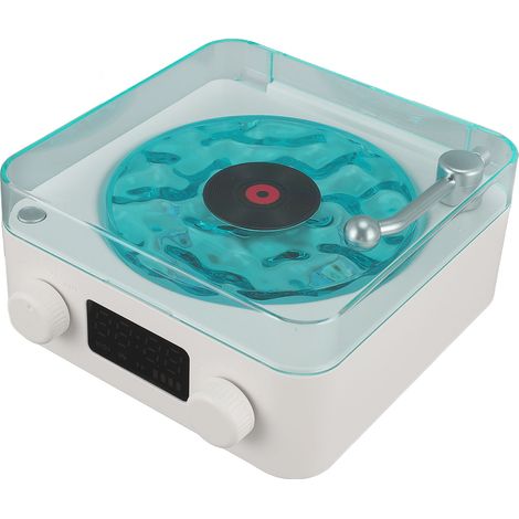 Enceinte Bluetooth style platine vinyle avec veilleuse et affichage de l'heure, mini enceinte stéréo sans fil multifonction 3 en 1, blanche (1/5)