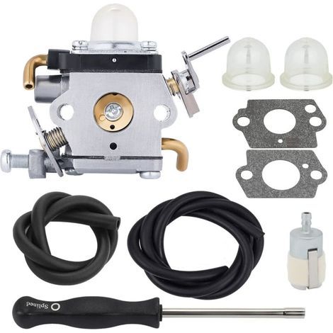 Carburador con junta, manguera de combustible y bujía para desbrozadoras Husqvarna 122LD y 122C. Sustituye a las piezas con números 581734301 y 574386701. (1/4)