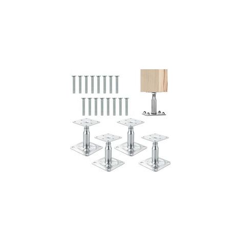 Lot de 4 supports de poteau réglables en hauteur avec 16 vis galvanisées 100-150 mm Support de poteau à visser sur film galvanisé épais passivé