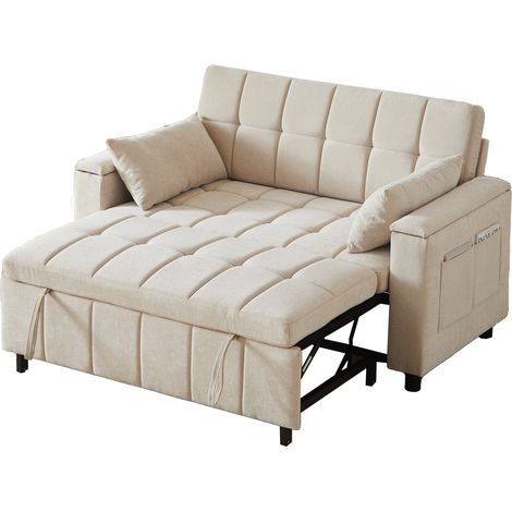 CHICFURN Canapé convertible 2 places beige en tissu avec lit gigogne, rangement accoudoirs et poches latérales, cadre métal, idéal petit espace et chambre d'amis (1/5)