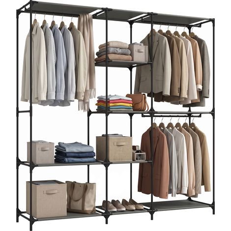 Armoire ouverte gain de place avec 3 tringles, 5 étagères, structure en acier, 182x43x182 cm, noir (1/5)