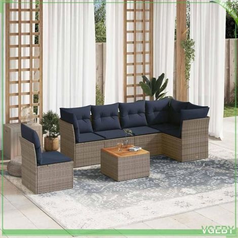 Salon de jardin - 7 pcs modulable - Résine tressée gris - Coussins bleu marine déhoussables - Rangement étanche (1/5)