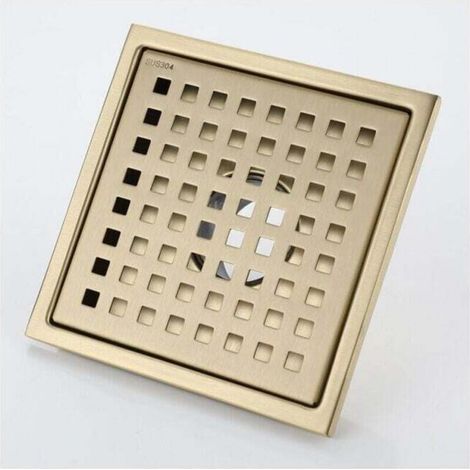 Caniveau de douche carré en acier inoxydable brossé doré 15 x 15 cm avec couvercle de siphon de sol et noyau déodorant en laiton
