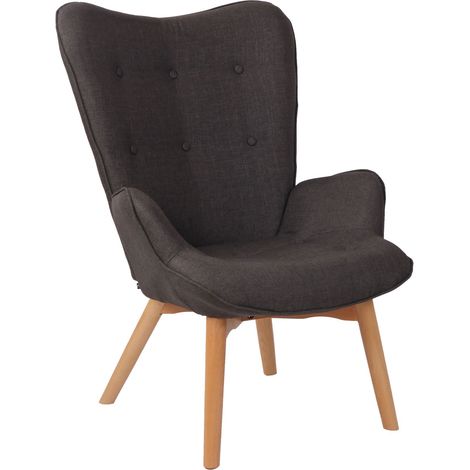 Sillón lounge estilo escandinavo respaldo alto botones decorativos en tela gris oscuro patas de madera clara 100003601