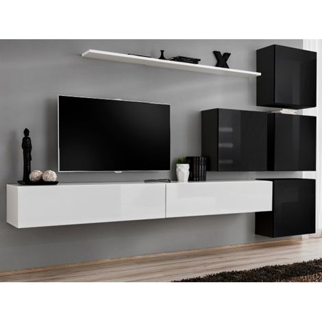 Meuble TV Mural Design "Switch IX" 310cm Blanc & Noir (1/5)