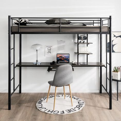 COSTWAY Letto a Soppalco in Metallo, Struttura del Letto Salvaspazio con 2 Scale e Scrivania, Letto a Doghe Ideale per Adolescenti e Adulti, 200x95x180,5 cm (Nero) (1/5)