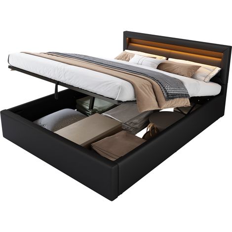 Lit coffre rembourré PU noir 140x190 cm avec sommier à lattes et éclairage LED, tête de lit 80 cm (1/5)