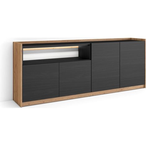 Skraut Home - Credenza, Mobile, Cucina, Madia, mobile ingresso, 207x37x80cm, 4 Porte, LED, Stile moderno, Nero e rovere (1/5)
