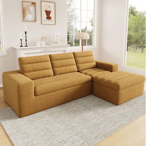Canape d'angle modulaire en L 253/161/89 cm en chenille orange, design sans cadre avec pouf (1/5)