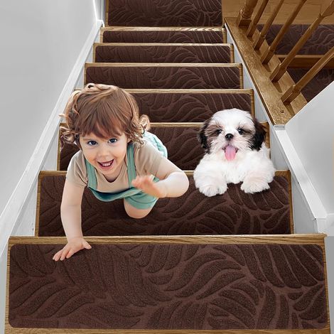 Tapis Marche Escalier Intérieur Antidérapant 15pcs Surface Adhésif 20 x 65cm pour Enfants âgées Chiens (Marron Clair) (1/5)