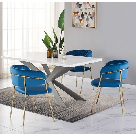Duke LUX Atarah Dining Set - a White Wooden Dining Table and Set of 4 Blue Velvet Dining Chairs - Dining Room Kitchen (1/5)