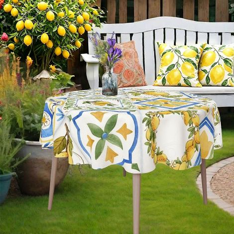 Nappe ronde à motifs jaune vif et vert avec imprimé citron, 1 pièce, thème renouveau printanier, nappe légère pour repas entre amis. (1/4)