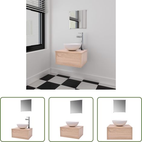 Miroir de salle de bain - Meuble de salle de bain 4 pcs avec lavabo et robinet Beige (1/5)