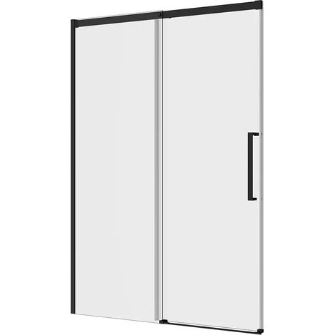 Porte de douche coulissante pour niche 130cm Profilés Aluminium Noir Mat Verre Transparent 8mm avec traitement Easy-clean Ajustable 127-130cm h195 - Réversible Mod. Antille