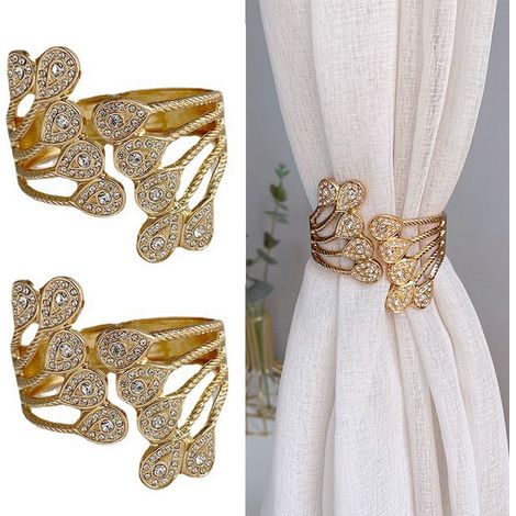 Lot de 2 attaches de rideaux décoratives sans perçage, motif plumes de paon doré, avec clip de maintien pour rideaux à ressort, pour la maison ou le bureau. (1/5)