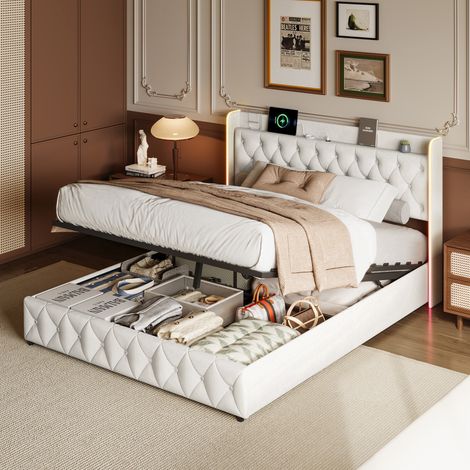 lit double 160x200, Lit coffre 160x200 cm avec sommier à lattes, Tête de lit avec USB et LED lumineuses, Tissu velours beige