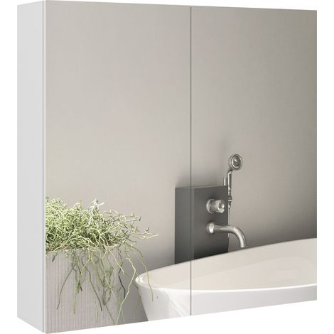 Badezimmer-Wandschrank mit Spiegel, 2 Türen, 3 verstellbare Einlegeböden, 60 x 15 x 60 cm, weiß