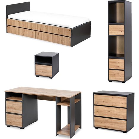 DALIA Chambre enfant adolescent avec lit, chevet, Commode, Etagère, Bureau Anthracite/Chêne