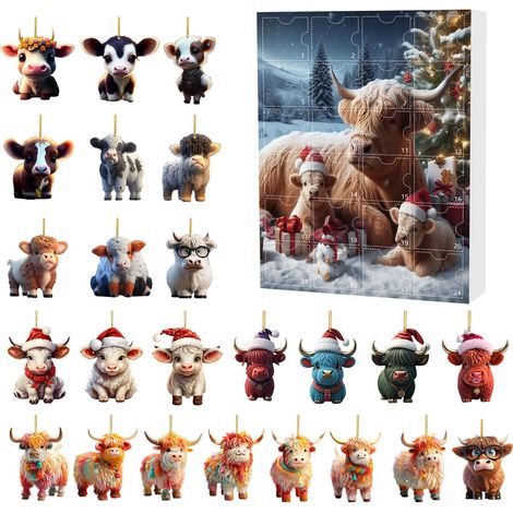 Schottischer Highlander-Adventskalender 2026 – 24-teilige 2D-Acryl-Hängedekorationen mit Kuhmotiven – stimmungsvoller Weihnachtsbaumschmuck (1/5)