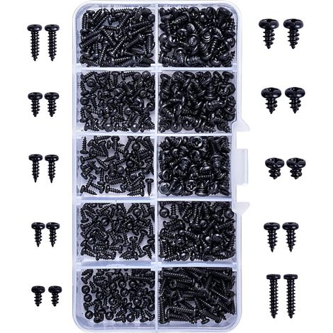 500Pcs Kit d'Assortiment Noires, Vis Autotaraudeuses à Tête Cylindrique en Acier au Carbone Cruciforme avec Boîte pour Plastique Bois Métal Mou M2 M2.3 M2.6 M3 (10 Taille) (1/5)