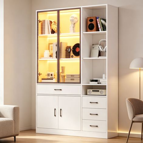 Bibliothèque vitrine LED 120x35x200 cm, meuble de rangement blanc avec portes en verre, 4 tiroirs, 13 compartiments et contrôle par application (1/5)