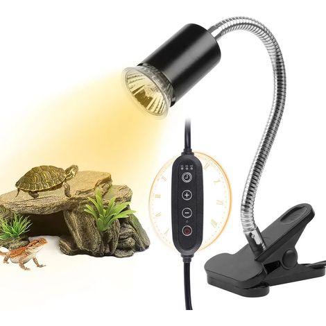 Lampada riscaldante per rettili con raggi UVB e UVA, 50W, base in ceramica, girevole, clip flessibile, timer automatico, adatta per terrari di tartarughe e lucertole. (1/5)