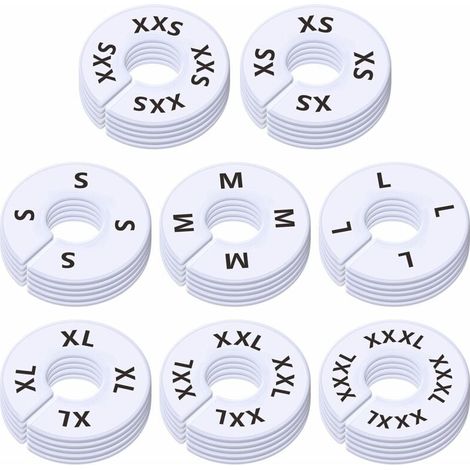 Lot de 40 séparateurs ronds en plastique blanc pour vêtements, pour étagères de placard, pré-imprimés en 8 tailles XXS, XS, S, M, L, XL, XXL, XXXL (3,5" OD, 1,38" ID) (1/4)