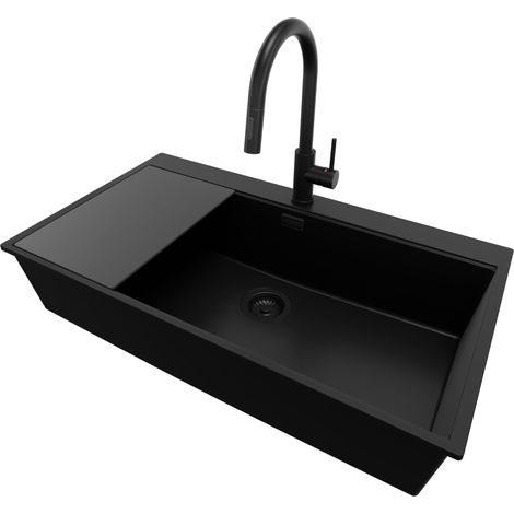 PRIMAGRAN Evier Cuisine en Granit 88x50cm, Lavabo 1 bac + Robinet 40x20cm + Kit de Vidage + Accessoire, Évier à Encastrer au meuble 90cm - Oslo, Tout Noir (1/5)