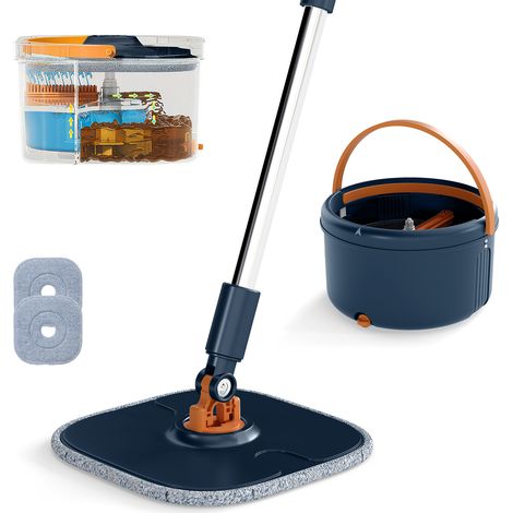 COSTWAY Flat Floor Mop & Bucket System with 8 Washable Microfiber Pads-Navy (1/5)