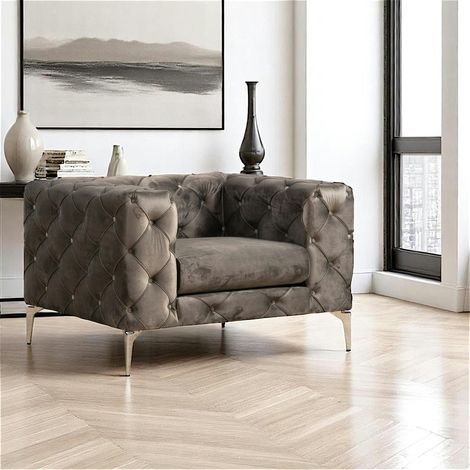 Fauteuil gris en velours capitonné DOVER (1/4)