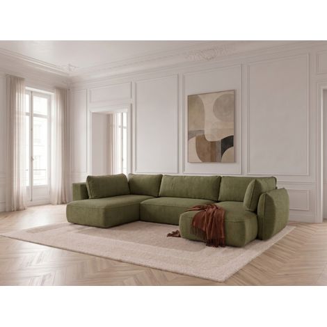 BOBOCHIC - Canapé panoramique convertible ESMEE tissu chenille Angle droit Vert (1/5)