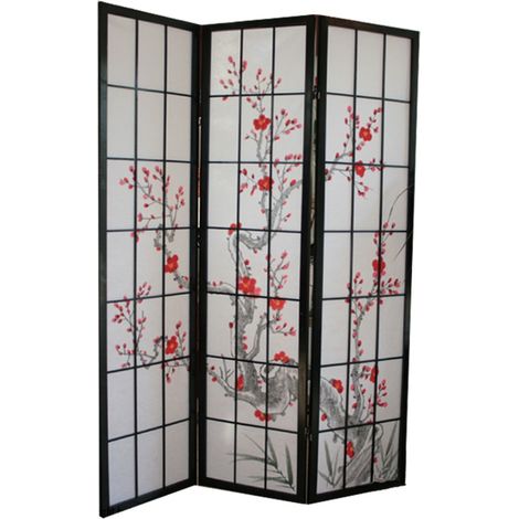 Biombo japonés de 3 paneles en madera negra 132x175cm PAR06013 (1/3)